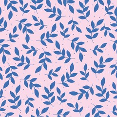 Seamless vintage pattern. Blue plant leaves and dots. light pink background. vector texture. fashionable print for textiles, wallpaper and packaging.