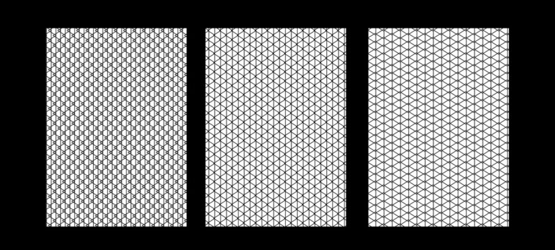 Pack de tres patrones para fondos o estampados con formas de geom&eacute;tricas, vectores abstractos en blanco y negro	