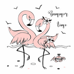 Cute pink flamingos on the sea beach. Summer time. Vector.