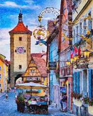 Colorful painting modern artistic artwork, real brush strokes, drawing in oil European famous old street view, beautiful old vintage houses, design print for canvas or paper poster, touristic product