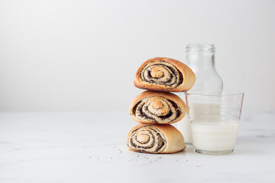 Sweet Homemade Poppy Seed Buns With Milk For The Breakfast