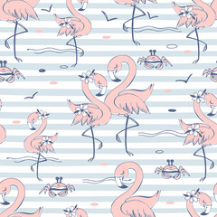 Seamless pattern with cute pink flamingos. Striped background. Vector