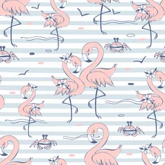 Abwaschbare Fototapete Flamingo Nahtloses Muster mit niedlichen rosa Flamingos. Gestreifter Hintergrund. Vektor
