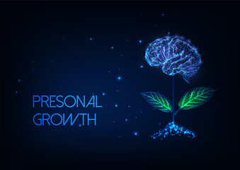 Futuristic personal growth concept with glowing low poly plant with brain as a flower on dark blue