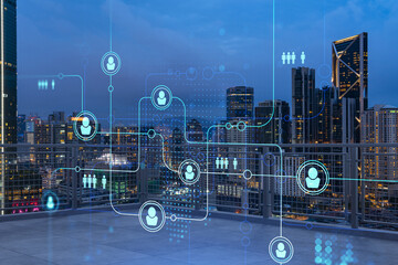 Rooftop with concrete terrace, Kuala Lumpur night skyline. Recruitment process to hire candidates for international business consulting. HR, networking digital icons. City downtown. Double exposure.