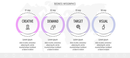 Modern 3D vector illustration. Circular infographic template with four elements. Contains icons and text. Designed for business, presentations, web design, 4-step diagrams.