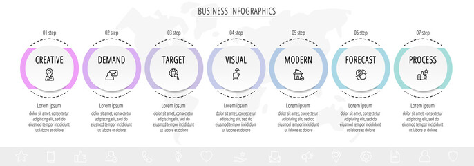 Modern 3D vector illustration. Circular infographic template with seven elements. Contains icons and text. Designed for business, presentations, web design, 7-step diagrams.