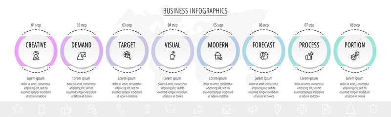 Modern 3D vector illustration. Circular infographic template with eight elements. Contains icons and text. Designed for business, presentations, web design, 8-step diagrams.