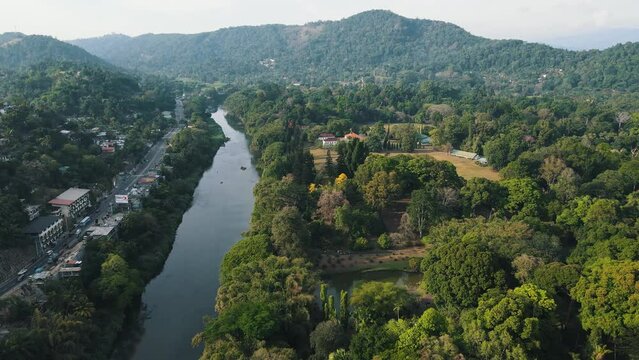 Aerial shot of Beautiful landscapes in Peradeniya, Sri Lanka. Botanical gardens at Peradeniya, Kandy, Sri Lanka, Asia. 