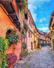Colorful painting modern artistic artwork, real brush strokes, drawing in oil European famous old street view, beautiful old vintage houses, design print for canvas or paper poster, touristic product © Mashkhurbek