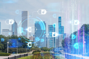 Chicago skyline from Butler Field towards financial district skyscrapers, day time, Chicago, Illinois, USA. Parks and gardens. Decentralized economy. Blockchain and cryptography concept, hologram