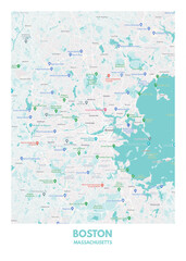 Poster Boston - Massachusetts map. Road map. Illustration of Boston - Massachusetts streets. Transportation network. Printable poster format.