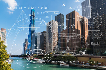 Panorama cityscape of Chicago downtown and Riverwalk, boardwalk with bridges at day time, Chicago, Illinois, USA. Education concept. Academic research, top ranking universities, hologram