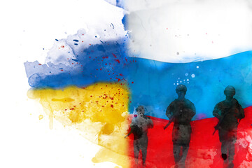 Military conflict, army and war concept art. Silhouettes of soldiers with weapons against background of national flag of Russian Federation and Ukraine, watercolor abstract illustration