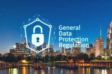 City view of Downtown skyscrapers, Chicago skyline panorama over Lake Michigan, harbor area, night time, Illinois, USA. GDPR hologram, concept of data protection regulation and privacy for individuals