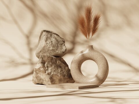 3d minimal display podiums with dried grass in donut jar and stones on beige background. 3d rendering of abstract presentation for product advertising. 3d minimal illustration.