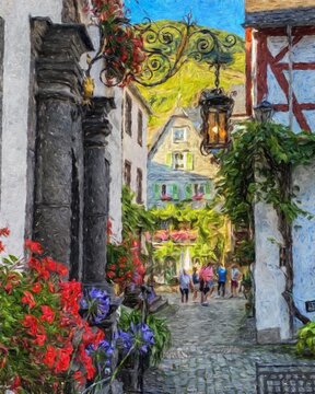 Fototapeta Colorful painting modern artistic artwork, real brush strokes, drawing in oil European famous old street view, beautiful old vintage houses, design print for canvas or paper poster, touristic product