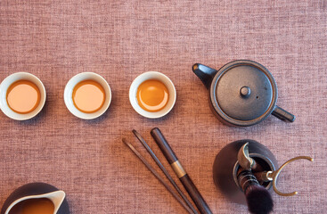 Cup and tea set with tea on table