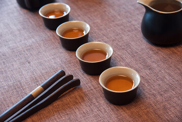 Cup and tea set with tea on table