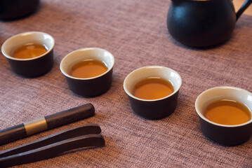 Cup and tea set with tea on table
