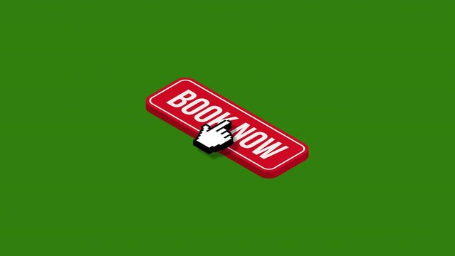 Click book now isometric button animation.green background.4K motion animation.