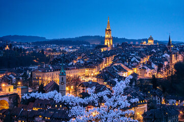 view from Rosengarten over the historic center of Bern during nightfall