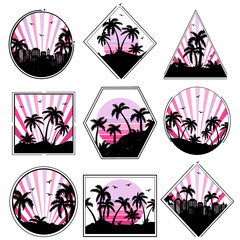 city ​​silhouette and palm trees vector logo. tropical landscape vector silhouette logo. sunrise in miami vector. sun rays in big city vector.eps	

