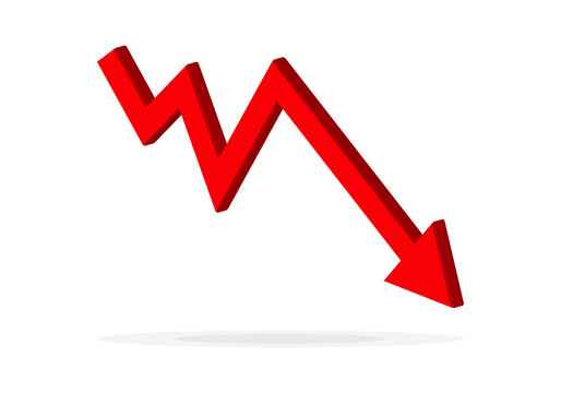 Red 3d arrow going down stock icon on white background. Bankruptcy, financial market crash icon for your web site design, logo, app, UI. graph chart downtrend symbol.chart going down sign.
