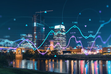Obraz na płótnie Canvas Panoramic view of Broadway district of Nashville over the river at illuminated night skyline, Tennessee, USA. Forex candlestick graph hologram. The concept of internet trading, brokerage and analysis