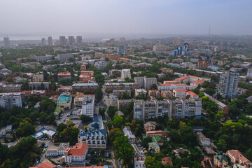 Dnipro, Ukraine. View of the central part of the city, the embankment of the Dnieper River. Top view from a great height. Panoramic view of the city.