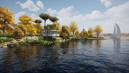 House by the river. Ecohouse in nature. Modern housing in the forest. Architectural 3d project.