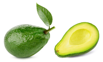 Avocado isolated on white background. Taste avocado with leaf. Full depth of field with clipping path