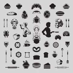 Fotobehang Collection monochrome silhouette cuisine gourmet chef cooking delicious food vintage icon vector illustration. Set engraved cafe restaurant catering bakery personnel, pastry meal, cutlery, grill © Виктория Суханова