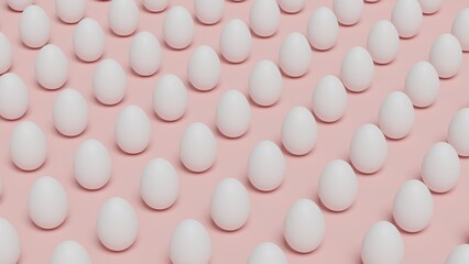 White eggs on a pink background, eggs lined up in rows, wallpaper