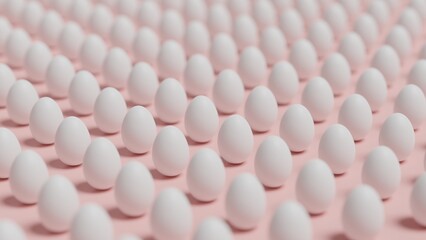 White eggs on a pink background, eggs lined up in rows, rear view focus, wallpaper