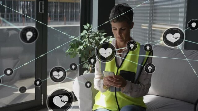 Animation Of Network Of Connected Heart Icons Over Caucasian Woman In High Vis Vest Using Smartphone