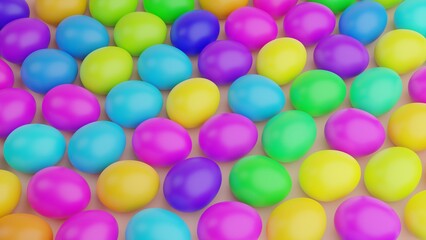 Multicolored Easter eggs on a pink background, eggs lie on the whole frame, top view
