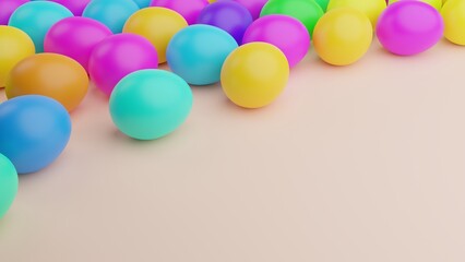 Multicolored Easter eggs on a pink background, the eggs lie on the plane on the left, a place for the text