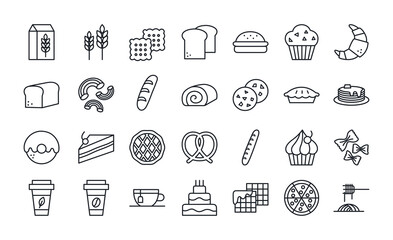 Bread, bakery products, pastry and confectionery icon set. Isolated line icons