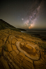 earth in space, milky way in the clear sky with rock pattern foreground in Australia 