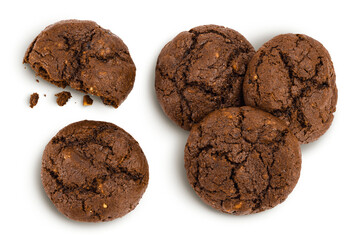 chocolate cookies broken isolated on white background with clipping path and full depth of field. Top view. Flat lay