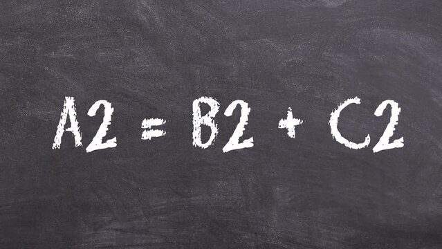 Animation of the Pythagorean Theorem. Pythagoras formula being written on a blackboard with chalk. Mathematical animation for scientific and educational videos. Digital compositing for schools