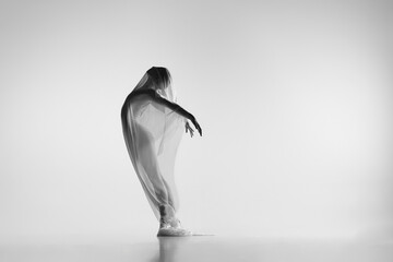Black and white portrait of graceful ballerina dancing with fabric, cloth isolated on grey studio...