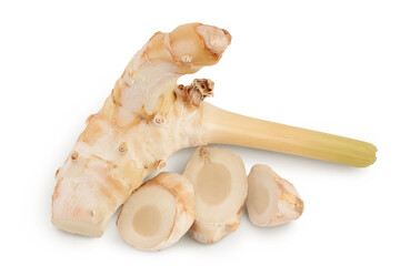 Fresh galangal root with slices isolated on white background with clipping path and full depth of field. Top view. Flat lay