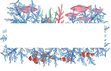 Frame on a marine theme with hand-drawn sea creatures. border, space for text