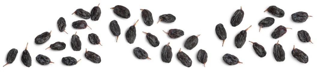 Black raisin isolated on white background with clipping path. Top view. Flat lay. Set or collection