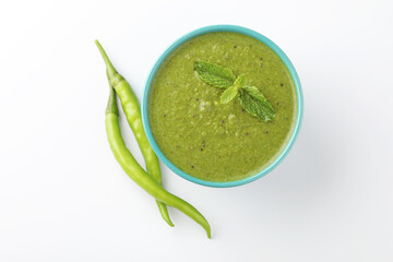 Green Mint Chutney or Pudina Chutney made with Coriander, Pudina & Spices. selective focus