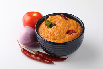 Tomato, onion chilli chutney, Indian chutney or dip.selective focus