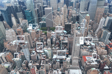 Aerial panoramic roof top city view of New York City Financial Downtown district at day time. Manhattan, NYC, USA. Social media hologram. Concept of networking and establishing new people connections