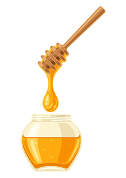Illustration of honey jar with stick. Image for food and agricultural industry.